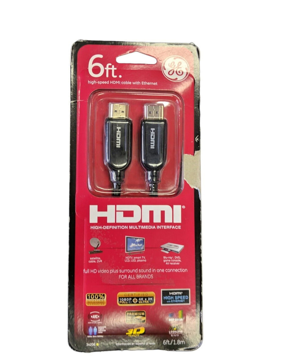 GE HIGH SPEED 6 FT HDMI CABLE 34206 ETHERNET MULTIMEDIA INTERFACE NEW SEALED