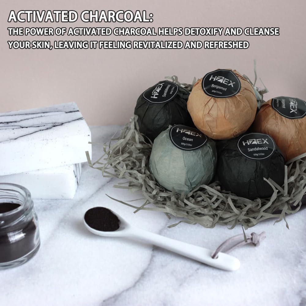 HZEX Large Natural Charcoal Bath Bombs, Luxury Set Of Essential