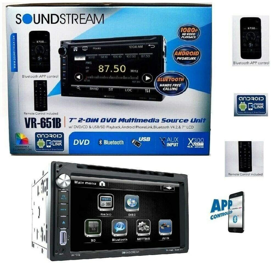 SOUNDSTREAM VR-651B DOUBLE DIN DVD/CD PLAYER USB 7" LCD BLUETOOTH APP CONTROL