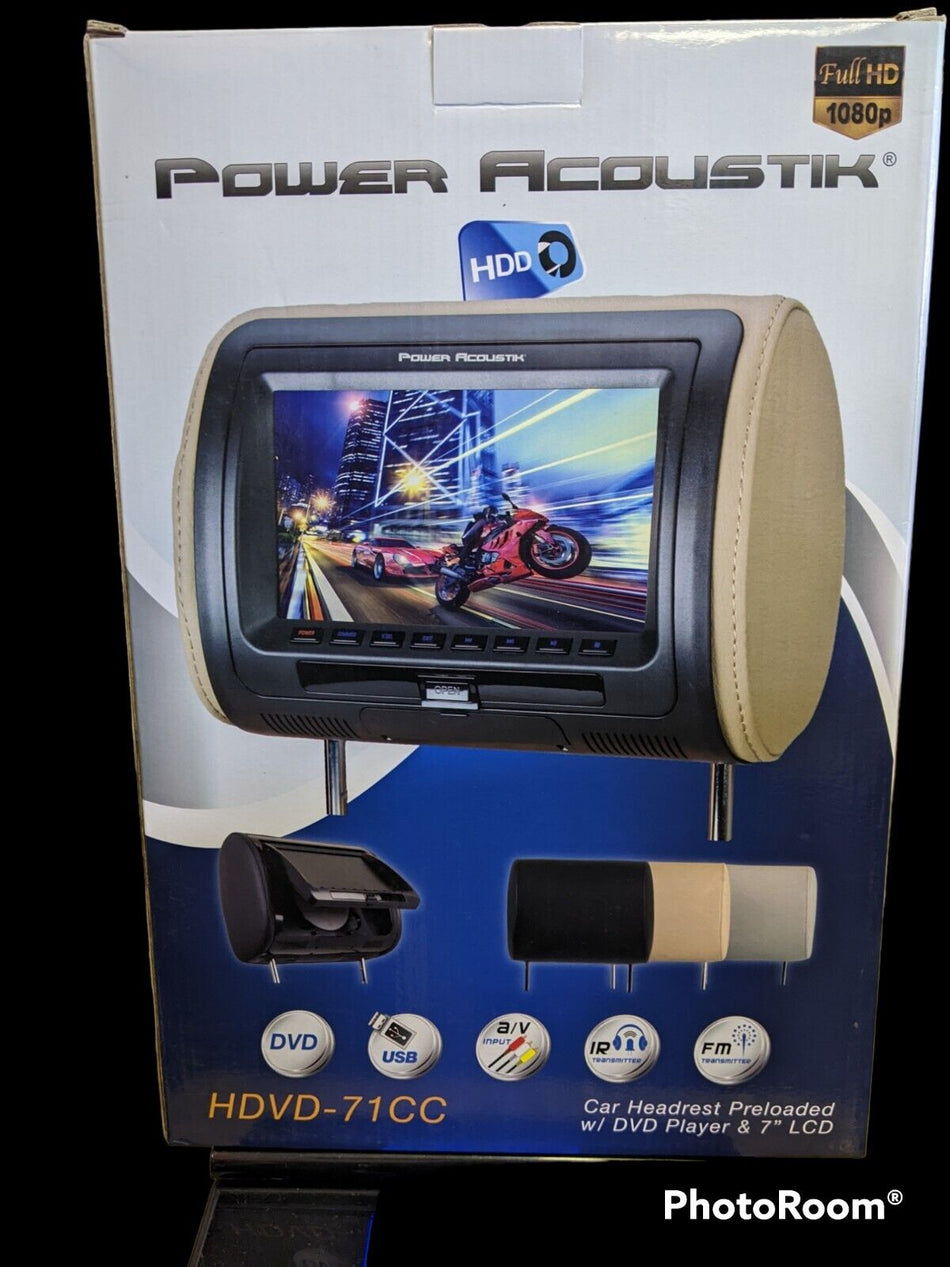 POWER ACOUSTIK HDVD-71CC CAR HEADREST 3-COLOR PRE-LOADED 7" MONITOR DVD PLAYER
